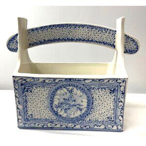 Vintage Jensen Lamont Blue & White Pottery Floral Rectangular Basket With Handle